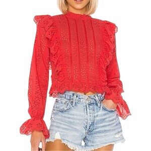 TULAROSA Red Lace Ruffle Top size M Romantic el segundo berry red eyelet cotton